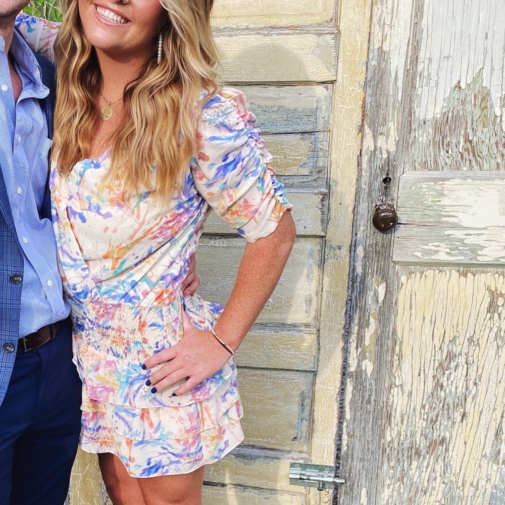 Amanda Uprichard Multicolor Watercolor Mini Dress with smocked waist